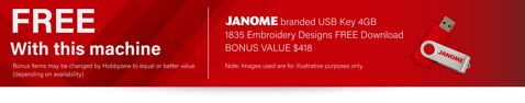 Janome branded USB Key 4GB, 1835 Embroidery Designs FREE Download, BONUS VALUE $418